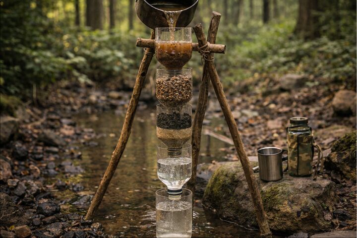 Selbst gebauter Wasserfilter an einem Bachlauf